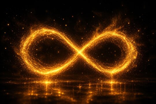 Infinity symbol glowing with golden light on dark reflective surface. Abstract metallic loop design for futuristic technology and endless possibili...