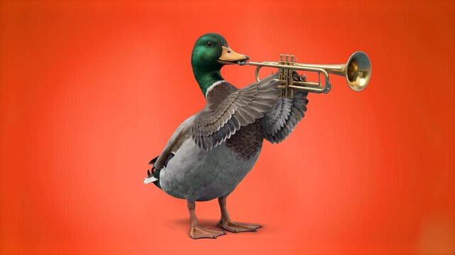A detailed 3D model of a green-headed mallard duck holding and playing a gold trumpet against a vibrant red studio background. Great for jazz festival promos, funny animal music videos, brass band gra
