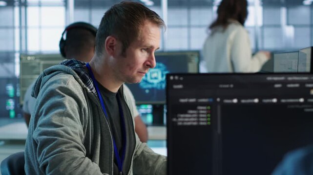 Data center upbeat technician safeguarding data center hardware, securing system while connecting firewall checks, bottleneck diagnosis and data transfer performance.