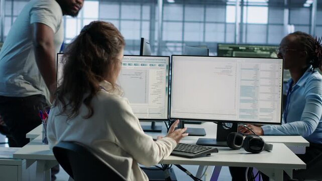 Team admins performing checkup to prolong data center electronics life span while showing technical mistakes, system errors and workplace pressure.
