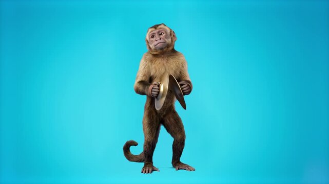 A realistic 3D monkey playing brass cymbals isolated on a bright cyan blue studio background. Suitable for entertainment commercials, music clips, social media videos, and creative stock asset overlay