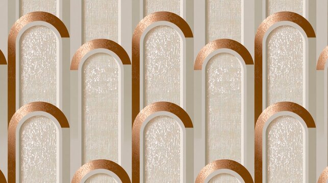 Elegant Art Deco Geometric Pattern with Metallic Copper Arches on Textured Linen Background, Seamless Wallpaper Design