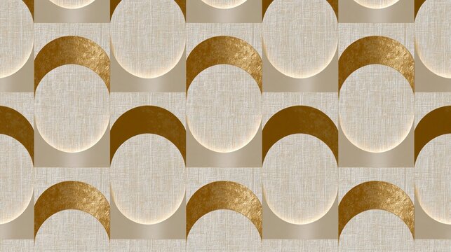 Elegant seamless geometric pattern with gold metallic circles and textured beige background