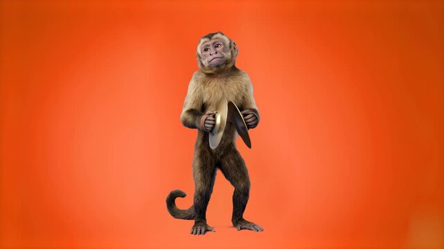 A detailed 3D rendered monkey standing upright and playing hand cymbals isolated against a vibrant orange backdrop. Great for playful branding, musical promos, circus concepts, and dynamic video edits