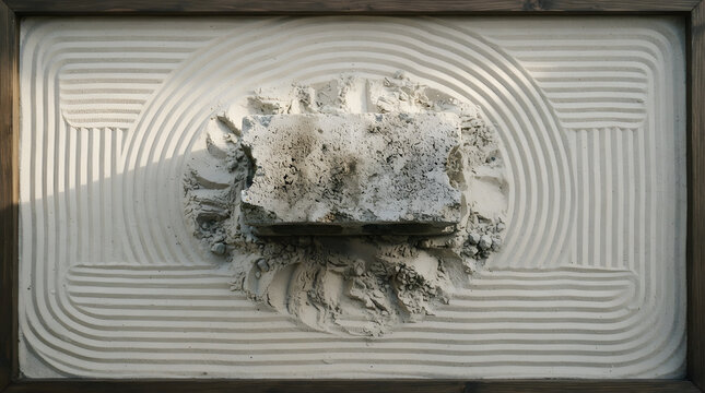 Cinderblock in zen sand garden isolated on clean surface for modern commercial business asset