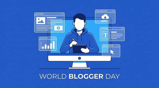 World Blogger Day - Man Creating Content on Computer with Digital Elements.