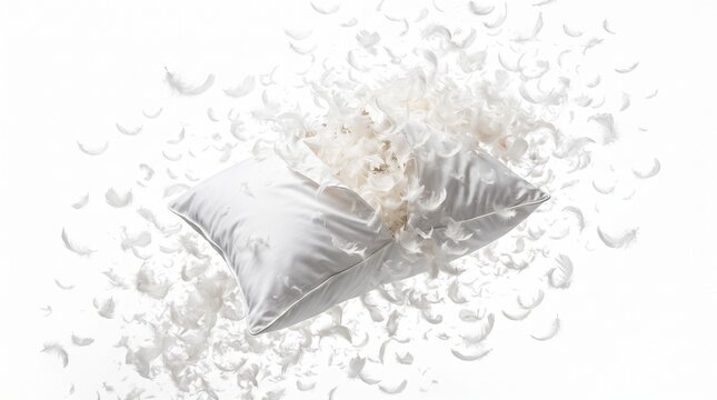 Luxury Pillow with Floating Feathers Isolated on White