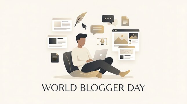 World Blogger Day - Man Creating Content on Laptop with Digital Elements.