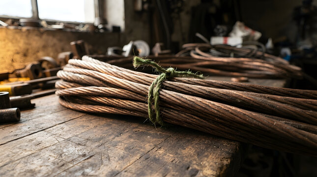 Copper wires bound by hemp isolated on clean surface for modern commercial business technology