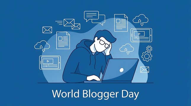World Blogger Day - Man Working on Laptop Surrounded by Digital Content Icons.