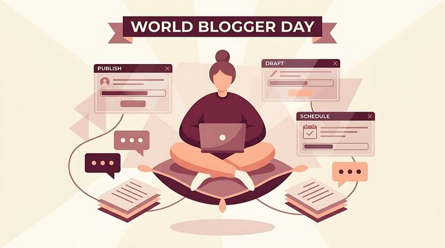 World Blogger Day - Woman Creating Content on Laptop with Blog Posts and Social Media Elements.
