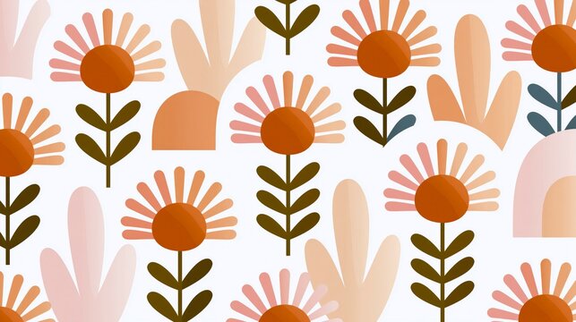 Seamless Modern Boho Floral Pattern with Terracotta and Pink Flowers on White Background