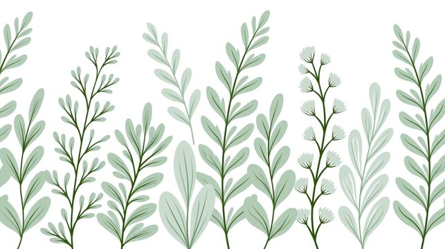 Muted green hand-drawn botanical leaf border on white background