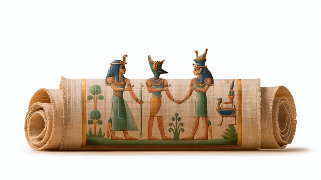 Ancient Egyptian papyrus scroll with traditional paintings of gods and figures, isolated on white background