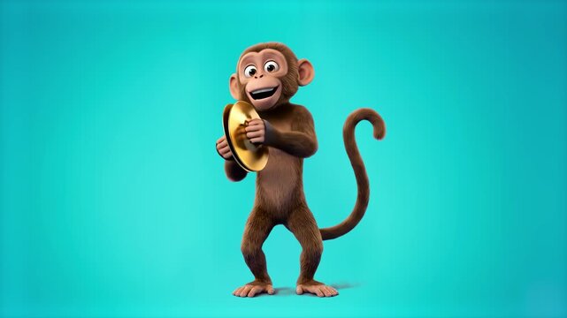 Adorable 3D cartoon monkey character playing golden cymbals with a joyful smile, set against a bright cyan blue background. Ideal for kids music promos, children's educational games, playful animation