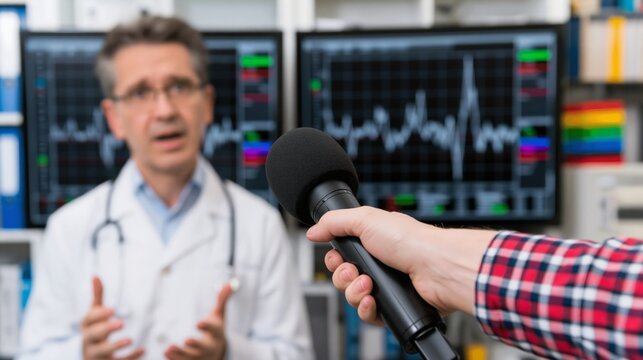 Seismologist speaking with a journalist's microphone extended while seismograph readings spike behind. Concept of seismology news interview.