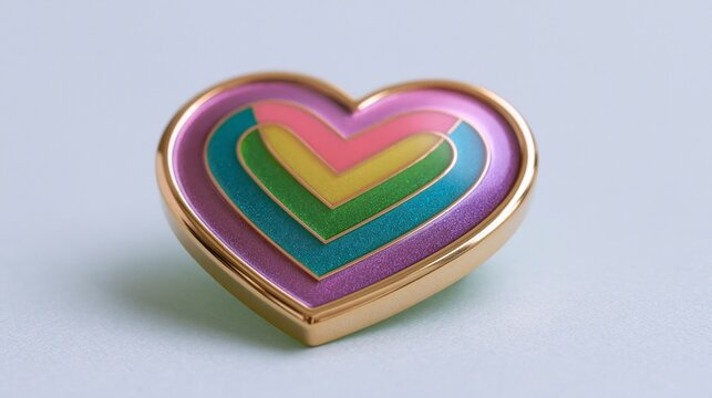 Rainbow Heart Shaped Enamel Pin Badge Representing LGBTQ+ Pride and Love Isolated on Light Background