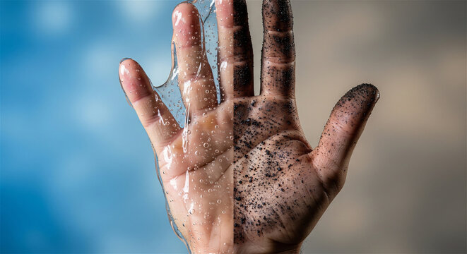 Dirty hand split screen with clean water washing, environmental pollution concept, hand hygiene and skin care before and after