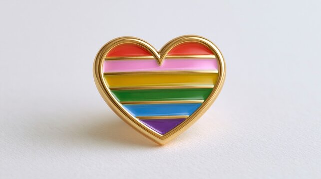 Heart-shaped enamel pin with rainbow stripes representing LGBTQ+ pride and equality isolated on white background