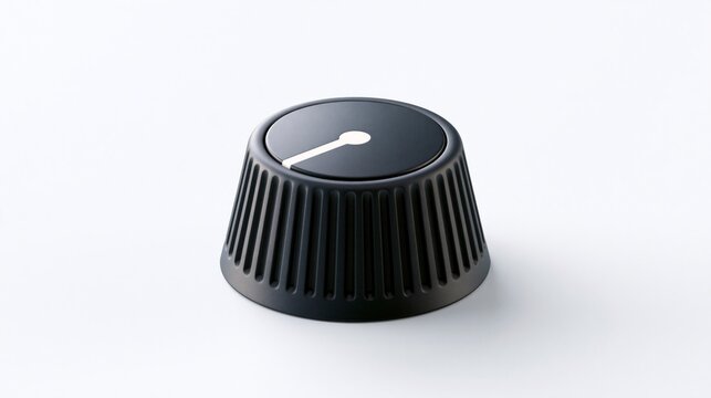Black rotary control knob with white indicator line, isolated on white background