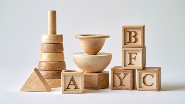 Collection of Eco-Friendly Natural Wooden Educational Toys with Alphabet Blocks and Stacking Rings on a Plain Background