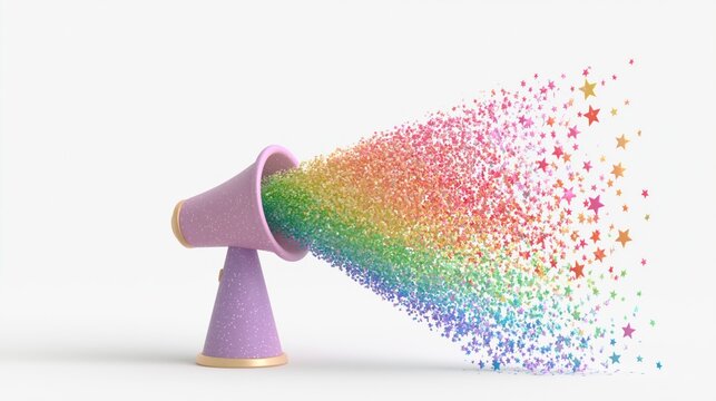 3D rendering of a megaphone blowing out a colorful rainbow of stars and particles on a white background.