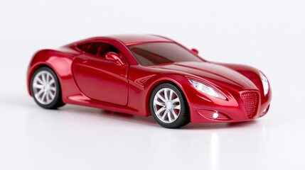 Naklejka premium Miniature red metallic sports car model toy isolated on white background