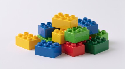 Fototapeta premium Pile of Colorful Plastic Building Blocks on a White Background