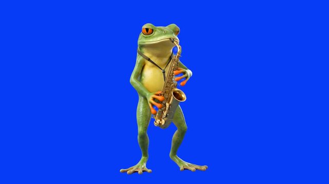 Humorous 3D render of a green tree frog standing and playing a golden saxophone, isolated on a bright solid blue background. Ideal for jazz music promos, comedy clips, musical event banners, kids anim