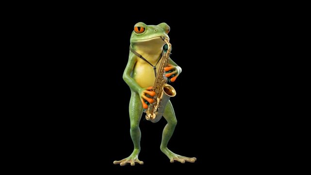 A cool 3D green tree frog playing a golden saxophone brass instrument isolated on a sleek black background. Great for jazz club advertising, music festival promos, blues concerts, animal character ani