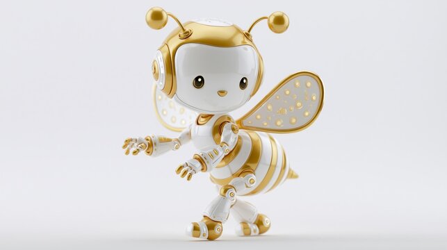 Cute Futuristic Robotic Bee Character in Glossy White and Gold 3D Illustration