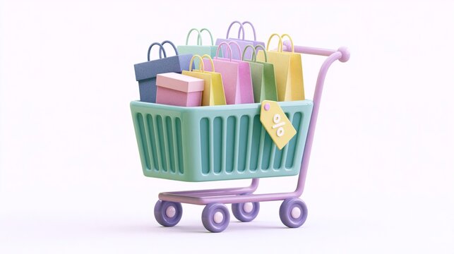 3D rendering of a colorful shopping cart full of shopping bags and gift boxes with a discount tag, e-commerce and retail concept.
