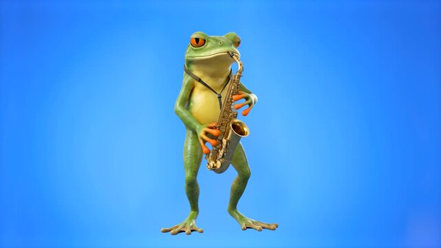 A cute 3D cartoon mascot of a green frog character standing and playing a brass saxophone, set against a smooth blue studio backdrop. Ideal for jazz music promotions, children's musical videos, entert