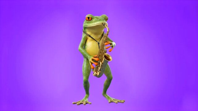 A charming 3D green tree frog standing and playing a saxophone against a vibrant purple studio backdrop. Excellent for music education promos, creative branding, entertainment media, and colorful visu