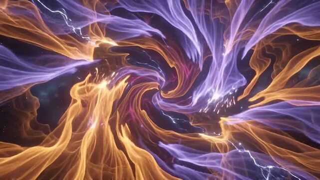 Abstract swirling orange and purple cosmic energy vortex in space