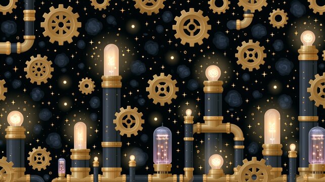 Seamless Steampunk Pattern with Glowing Vintage Light Bulbs, Mechanical Gears, and Industrial Pipes