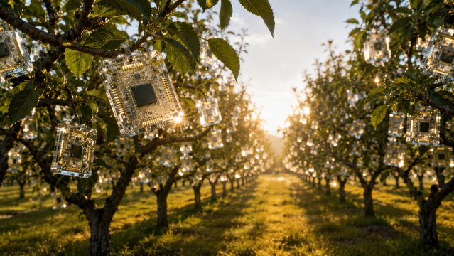 Sunrise over blooming orchard with rows of fruit trees. Morning light through spring blossoms in agricultural farmland setting