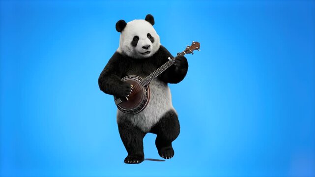A cute 3D giant panda bear standing and playing a banjo musical instrument, isolated on a bright blue studio backdrop. Ideal for country music promos, children's media, funny commercial ads, and creat