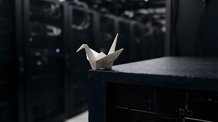 Obraz premium Origami crane on obsidian server isolated clean surface for modern commercial business asset