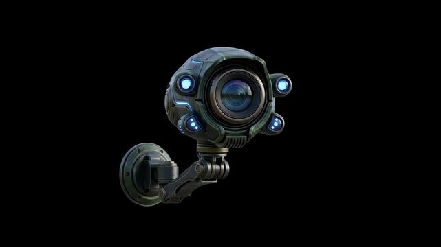A detailed 3D model of a futuristic robotic security camera camera lens mounted on a wall bracket with glowing blue lights, isolated against a solid dark black studio backdrop. Perfect for sci-fi vide