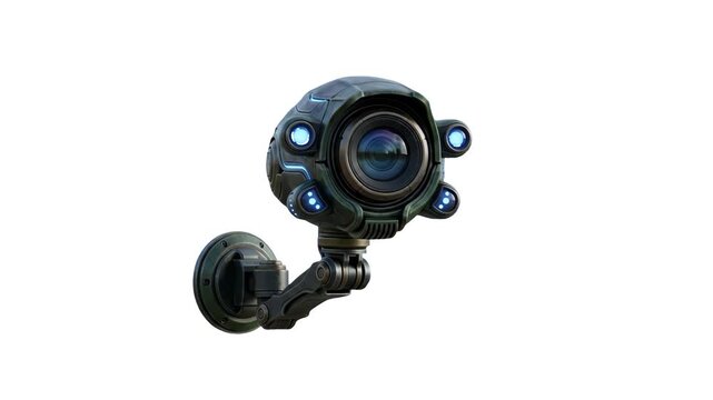 High-detail 3D render of a futuristic wall-mounted CCTV security camera with glowing blue optical lenses, isolated on a clean white background. Great for tech marketing banners, cyberpunk UI design, e