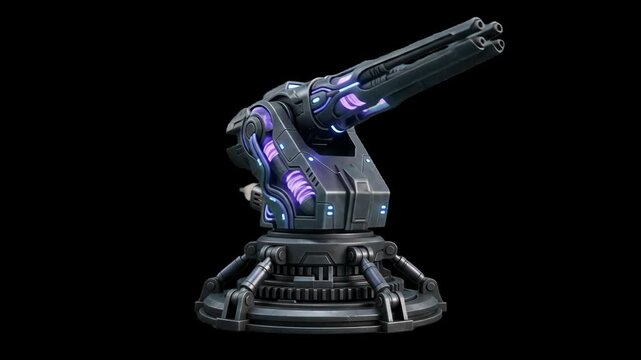 High-contrast 3D render of a futuristic heavy combat turret with glowing purple accents and large barrels, isolated against a solid pitch-black background. Ideal for cinematic sci-fi movie teasers, hi