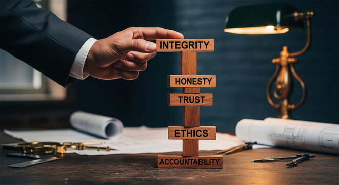 Business ethics concept with wooden blocks, corporate integrity and trust tower, hand building moral values in office