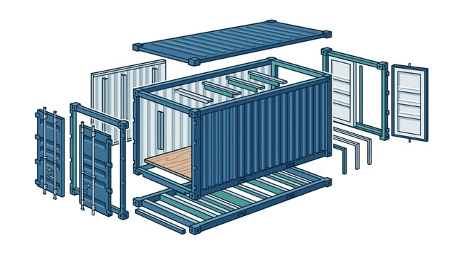 Exploded isometric diagram of steel shipping container structure.