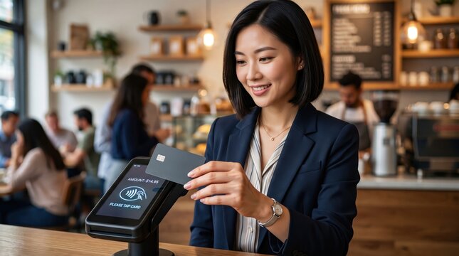 Asian Businesswoman Making a Contactless Payment with a Credit Card at a Modern Coffee Shop Counter