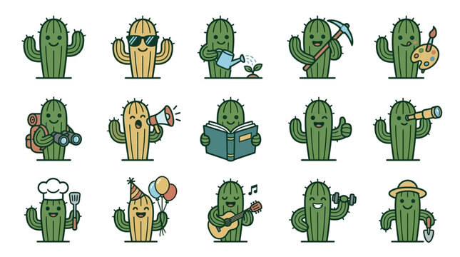 Cute Cactus Character Set: Diverse Activities and Emotions