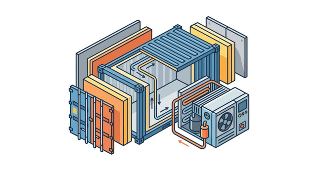 Exploded view of insulated refrigerated shipping container components.
