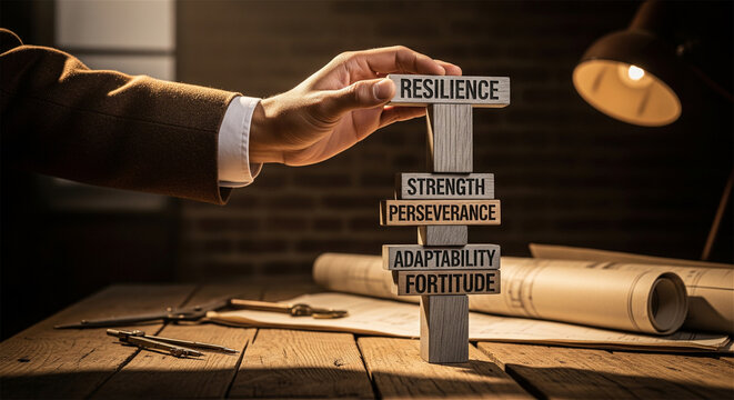 Resilience and strength concept with wooden blocks, businessman building tower of perseverance on rustic desk, corporate growth and fortitude