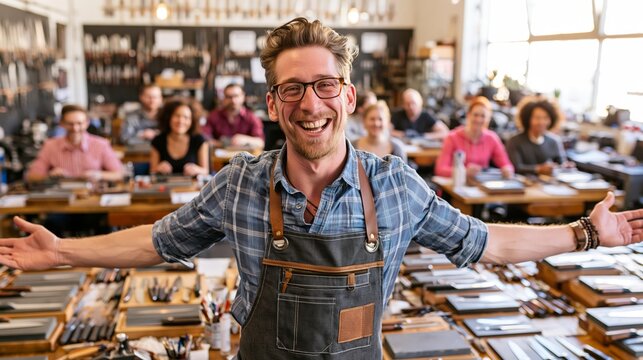 Master knife sharpener in a welcoming pose with students at sharpening stations behind. Concept of knife sharpening masterclass.