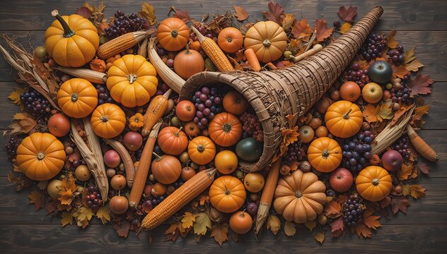 Aerial Thanksgiving Harvest Cornucopia Vegetables Fruits Fall USA November Food